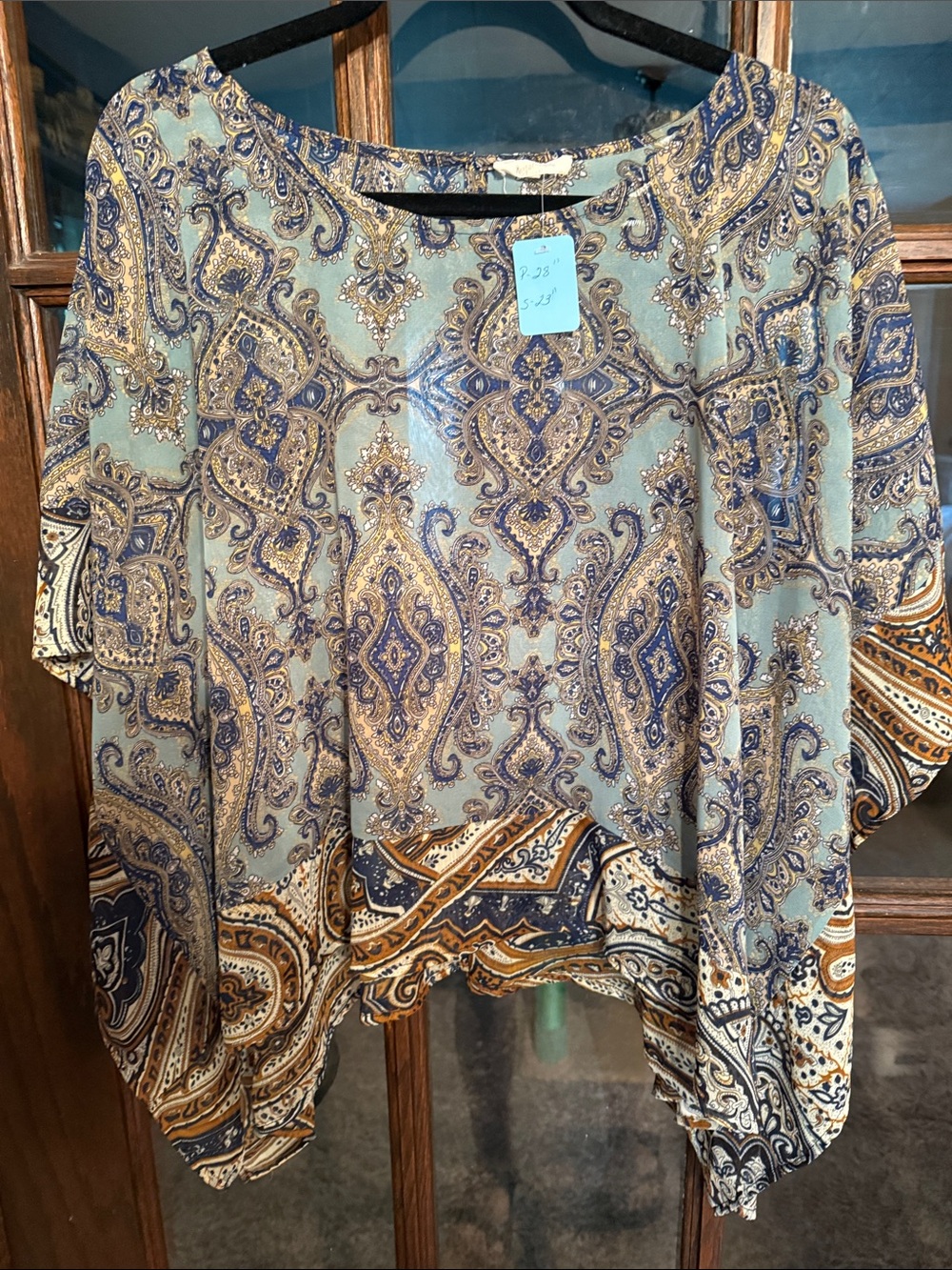 Mystree Blue Paisley Handkerchief Hem Sheer Kimono Poncho Top Small Boho Gypsy
